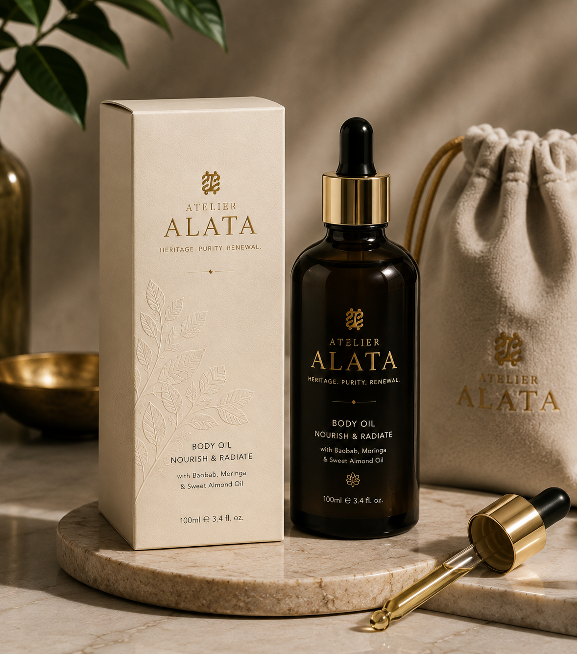 Atelier Alata Body Oil, Nourish and Radiate, amber dropper bottle with ivory carton on a marble tray